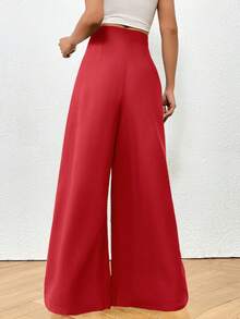 SHEIN LUNE 高腰拼接細節闊腿褲 - 紅色 - 查看 2