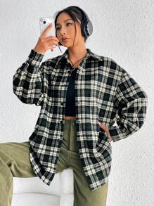 SHEIN EZwear Plaid Print Drop Shoulder Shirt