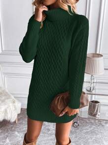 SHEIN Essnce Turtleneck Drop Shoulder Cable Knit Sweater Dress Without Belt - Dark Green - View 6