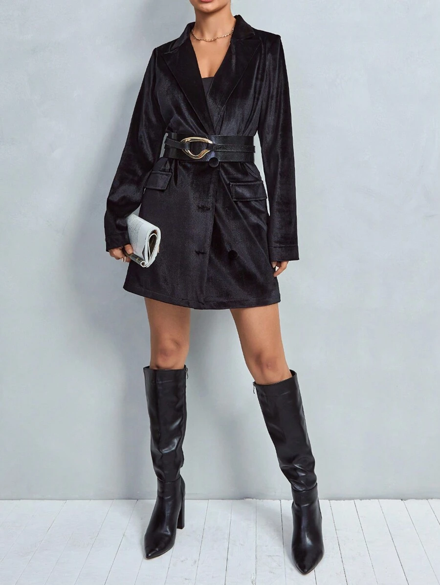 EURMUSE Ladies Lapel Suit Dress Without Belt - Black - View 1