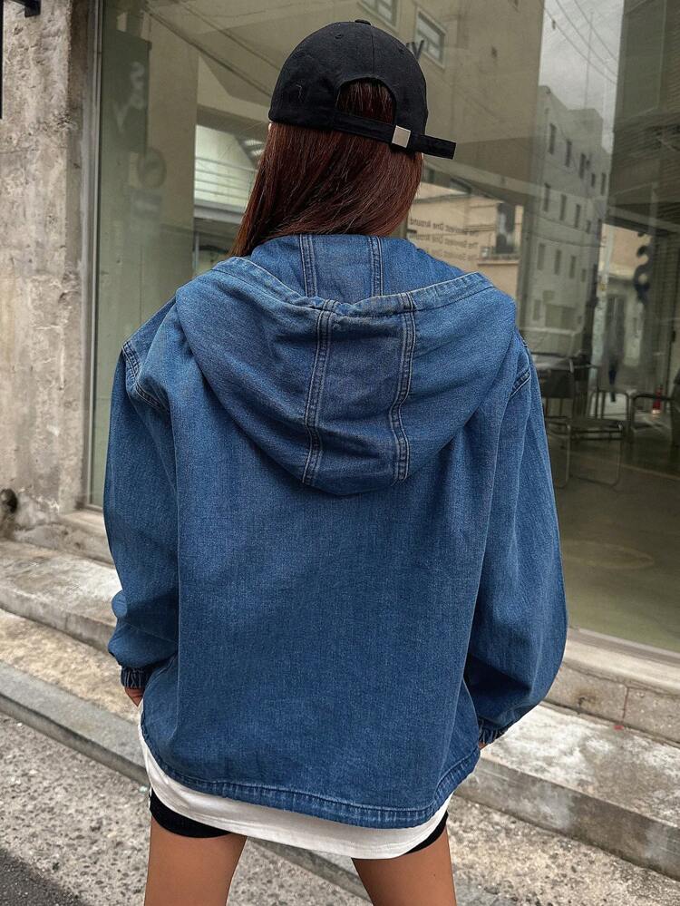 Half Button Drawstring Hem Hooded Denim Jacket,Fall Clothes,Back To School Clothes