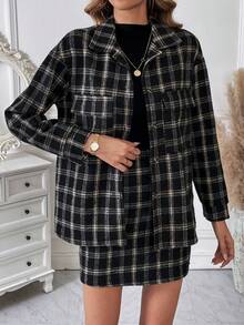 SHEIN Frenchy Plaid Print Drop Shoulder Jacket & Skirt - Black - View 5