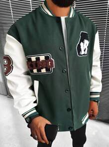 Manfinity Homme Loose Fit Men's Varsity Jacket With Letter Patchwork And Striped Trim Detail - Green - View 1