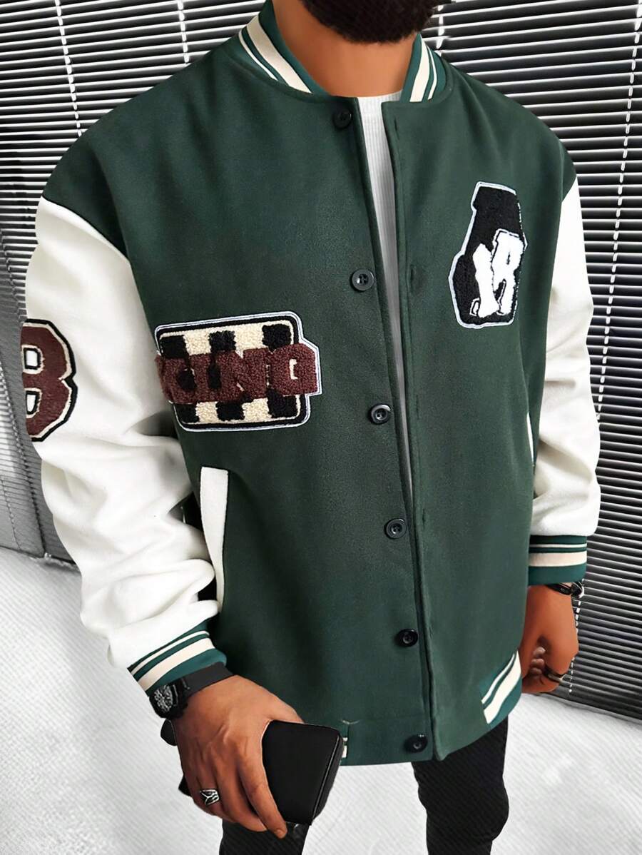 Manfinity Homme Loose Fit Men's Varsity Jacket With Letter Patchwork And Striped Trim Detail - Green - View 1