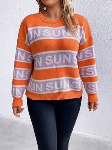Maweii Plus Letter Pattern Colorblock Drop Shoulder Sweater Knit Pullover Fall Winter Sweater - Orange - View 3