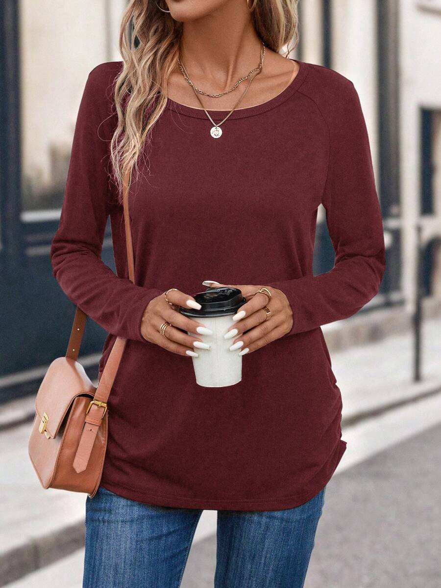 SHEIN LUNE Solid Raglan Sleeve Ruched Side Tee - Burgundy - View 1