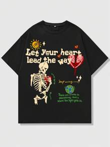 ROMWE MEN Street Life Camiseta con estampado de calavera y eslogan para hombre, estilo escolar de los años 2000 - Negro - Ver 1