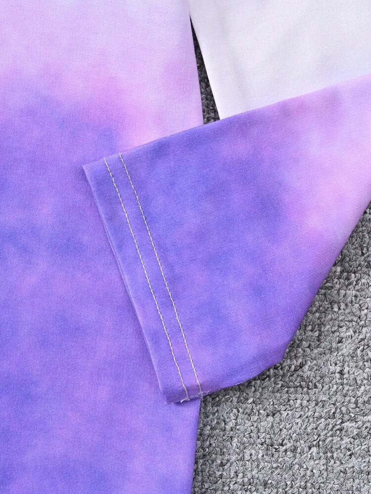 Tween Girls' Casual Sporty Streetwear Ombre Tie-Dye English Letter Print Stand Collar Cold Shoulder Long Sleeve Dress With Waist Bag