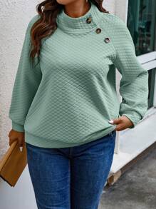 Calvaya Plus Button Detail High Neck Raglan Sleeve Sweatshirt - Green - View 1