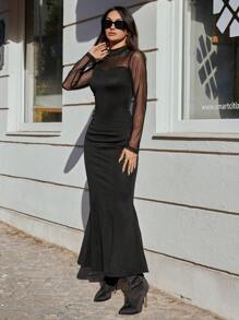 RueChic Contrast Mesh Mermaid Hem Dress - Black - View 4