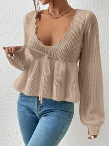 SHEIN MOD Scallop Trim Tie Front Lantern Sleeve Peplum Sweater,Long Sleeve Tops In Fall/Winter - Apricot - View 3