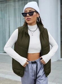 SHEIN EZwear Zip Up Sleeveless Puffer Vest Coat - Army Green - View 1