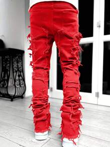Teen Boy Ripped Frayed Jeans - Red - View 2