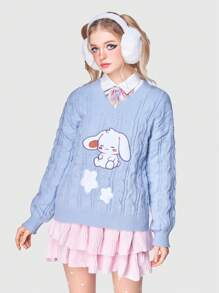 Kawaii 卡通&星星圖案麻花編織落肩袖套頭毛衣不帶襯衫 - 淺藍色 - 查看 3