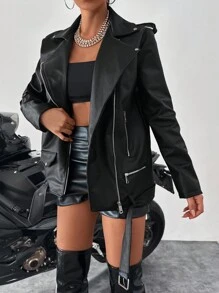 EURMUSE Zip Up PU Leather Moto Jacket - Black - View 5