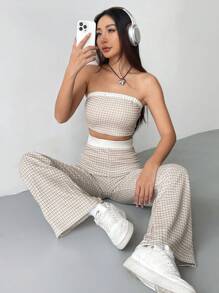 Muchica 格紋印花抹胸上衣和喇叭褲 - 卡其色 - 查看 5