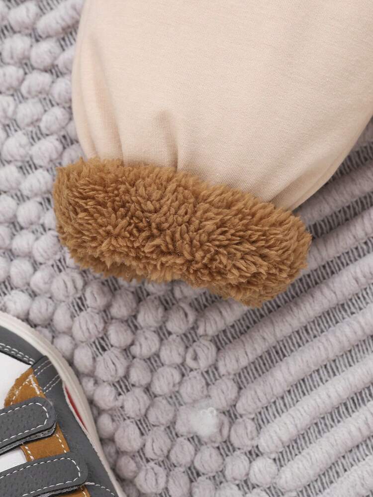 Baby Boy Teddy Lined 3D Ears Design Hooded Coat & Vest Jacket & Letter Graphic Pants