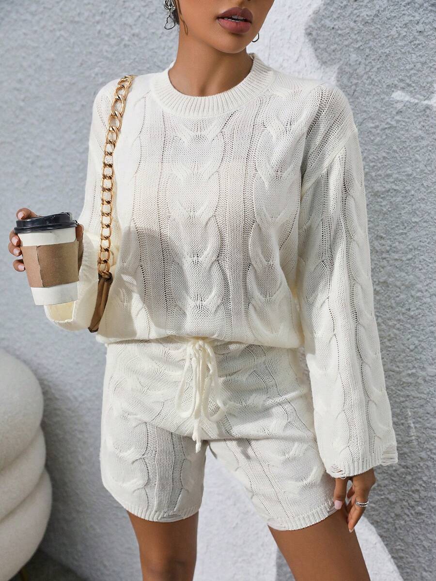 SHEIN LUNE Xoắn Dan Thả vai Áo len & Eo dây rút Quần đùi dệt kim - trắng - Xem 1