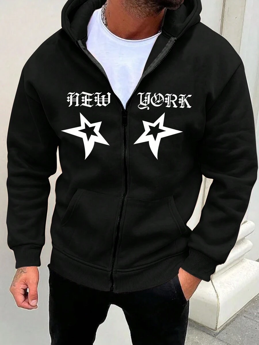 Manfinity Hypemode Nam Ngôi sao & Đồ họa Chữ cái Áo Zip Up Hoodie - màu đen - Xem 1