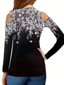 Floral Print Cold Shoulder Lace Trim Tee - Black - View 2