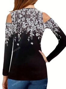 Floral Print Cold Shoulder Lace Trim Tee