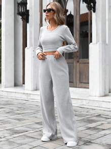 RueChic Chất rắn Áo phông Crop & Quần - Xám - Xem 5