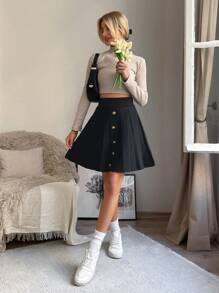 EURMUSE High Waist Button Detail Pleated Sweater Skirt - Black - View 3