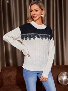 SHEIN LUNE Colorblock Contrast Lace Cable Knit Sweater - Multicolor - View 5
