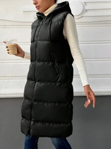 EURMUSE Zip Up Drawstring Hooded Vest Puffer Coat - Black - View 3