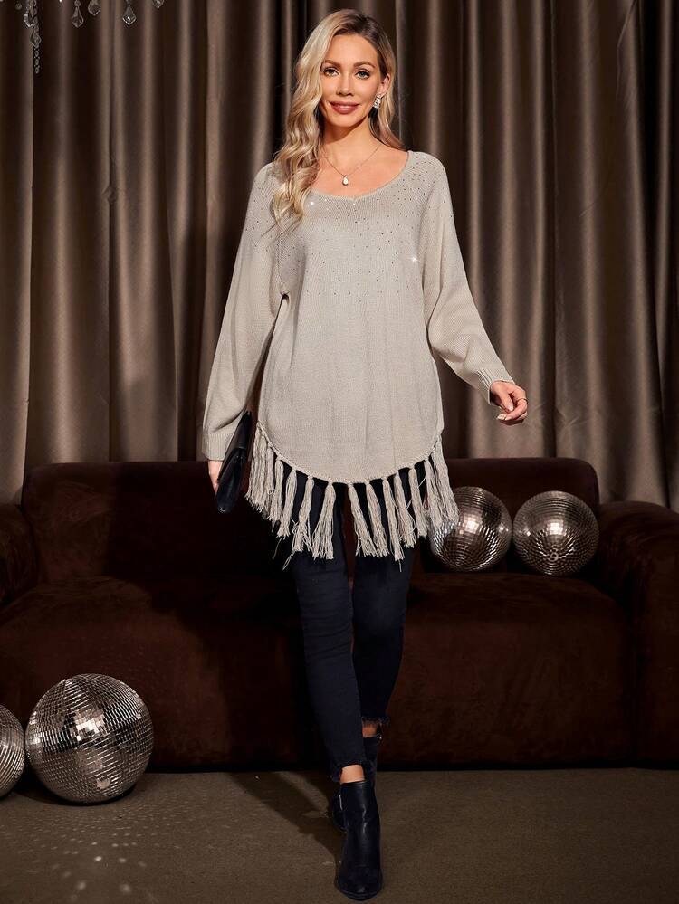 Rhinestone Detail Fringe Hem Raglan Sleeve Sweater