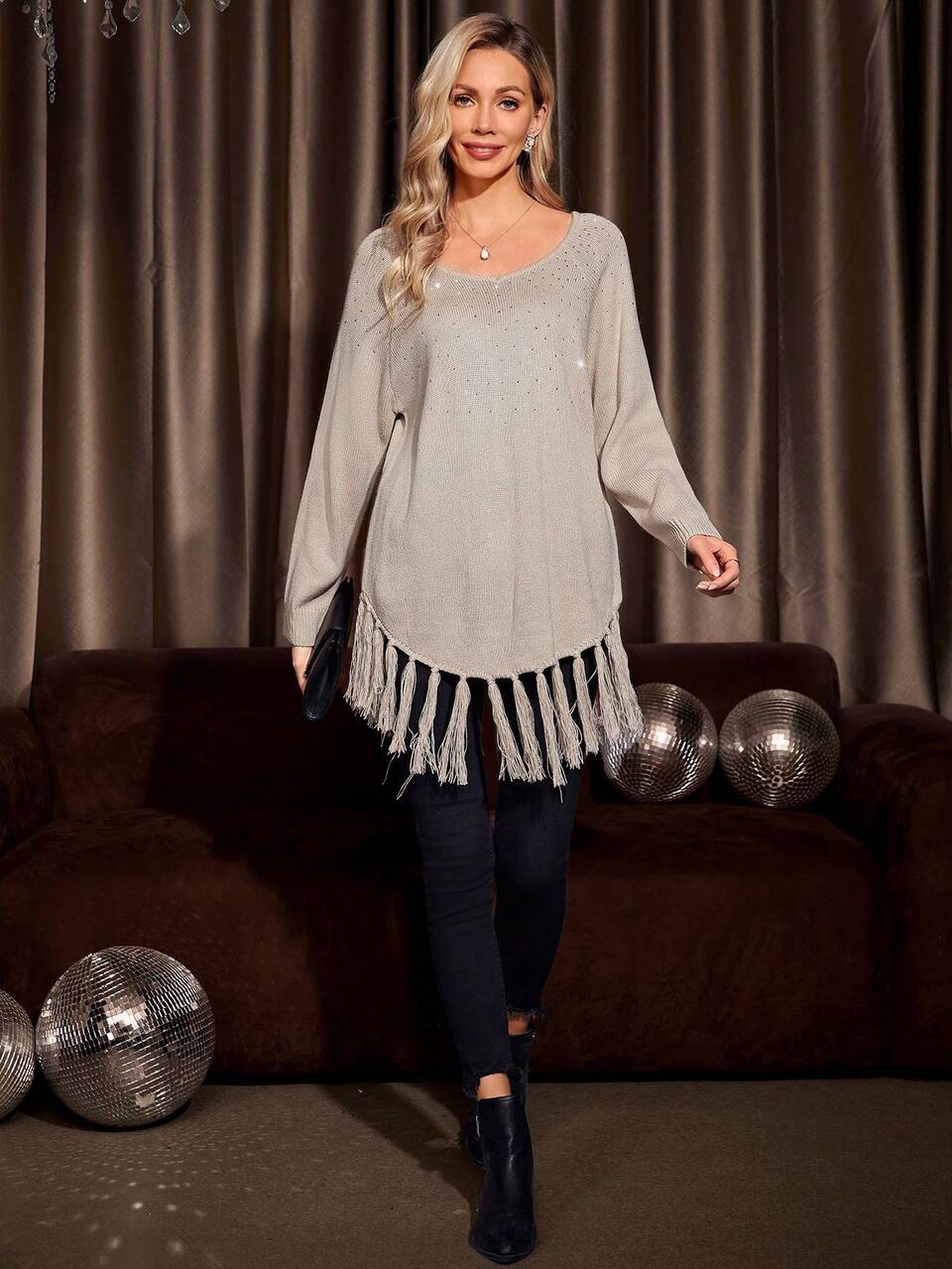 Rhinestone Detail Fringe Hem Raglan Sleeve Sweater