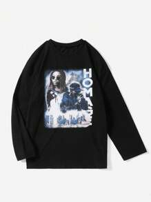 SHEIN EZwear Camiseta con estampado de figura y letra