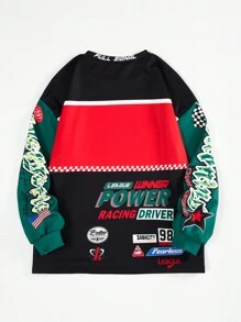 SHEIN Coolane 字母圖案落肩袖運動衫 - 綠色 - 查看 2