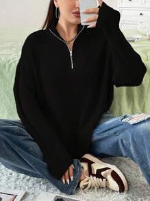 Flirla 大尺寸純色半拉鍊毛衣 - 黑色 - 查看 5