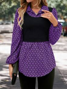 SHEIN LUNE Geo Print Lantern Sleeve 2 In 1 Top - Purple - View 6