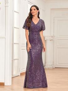 V-Neck Butterfly Sleeve Sequin Mermaid Formal Dress - Purple - View 5