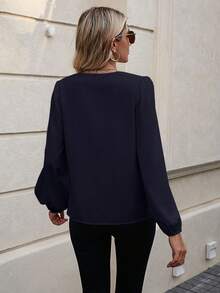 SHEIN LUNE Viền Ruffle Tay áo lồng đèn Áo sơ mi - Xanh đậm - Xem 2