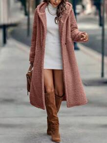 SHEIN LUNE 素色單釦連帽絨毛外套 - 藕粉色 - 查看 4