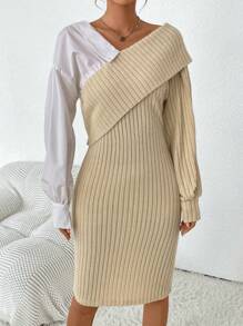 SHEIN Essnce Vestido ajustado de dos tonos doblado de cuello asimétrico de hombros caídos tejido de canalé - Albaricoque - Ver 1
