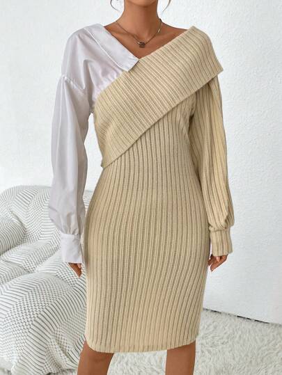 SHEIN Essnce Two Tone Foldover Asymmetrical Neck Drop Shoulder Ribbed Knit Bodycon Dress