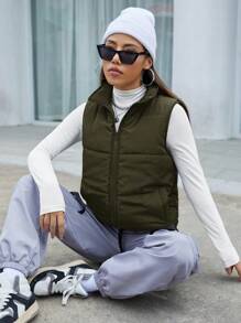 SHEIN EZwear Zip Up Sleeveless Puffer Vest Coat - Army Green - View 4