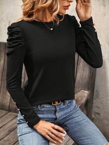 SHEIN Clasi Chất rắn Tay áo Áo thun - màu đen - Xem 5