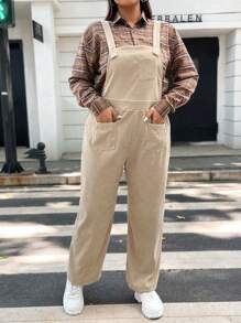 Flirla Plus Solid Patch Pocket Cord Overall Jumpsuit Without Shirt - Khaki - View 1