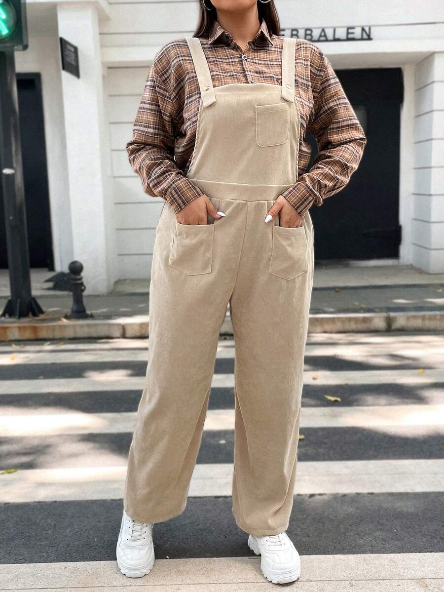 Flirla Plus Solid Patch Pocket Cord Overall Jumpsuit Without Shirt - Khaki - View 1