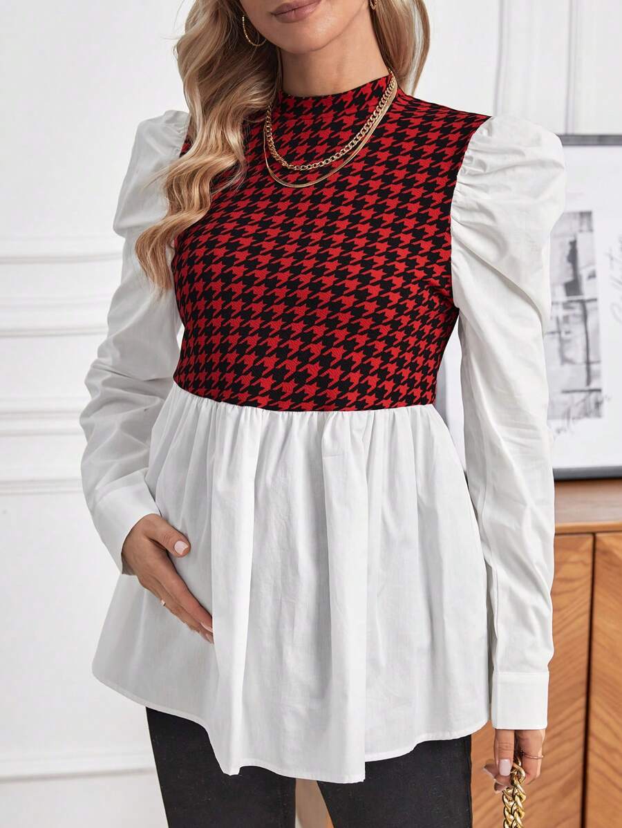 SHEIN Maternity Houndstooth Print Gigot Sleeve Peplum 2 In 1 Blouse - Red - View 1
