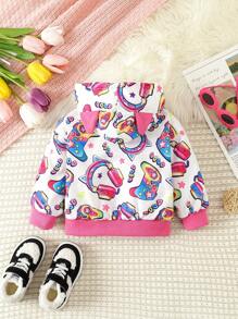 Baby Girl Cartoon Print 3D Ear Design Hooded Jacket - Pink - View 2