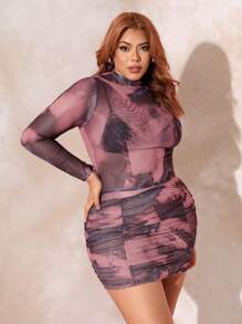 SHEIN SXY Plus Marble Print Mesh Top & Bodycon Skirt Without Bra - Multicolor - View 5