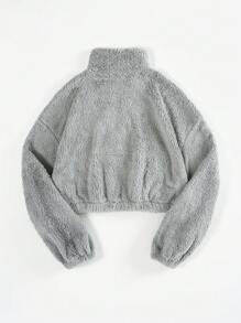 SHEIN EZwear 夏季女式半拉链白色抓绒卫衣，带字母贴布设计，秋冬季短款女式半拉链卫衣 - 灰色 - 查看 2