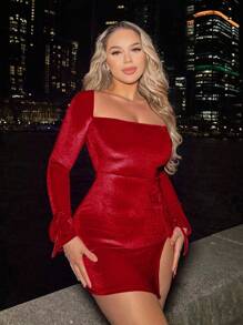 VaVaBold Vestido ajustado de cuello cuadrado con abertura en el muslo para ropa de Año Nuevo, de mujer en terciopelo acanalado - Rojo - Ver 1