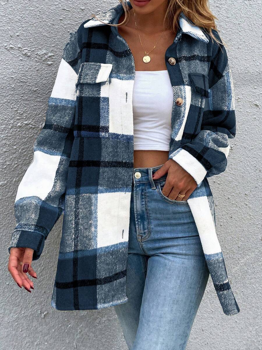 SHEIN LUNE In kẻ sọc Thả vai Túi có nắp Áo khoác - Màu xanh lam - Xem 1